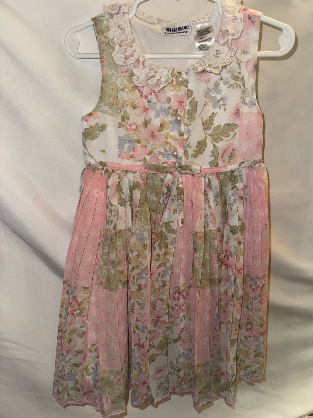 Blueberi Boulevard Pink and Cream Floral Lace-Trim Girls' Dress SZ 4